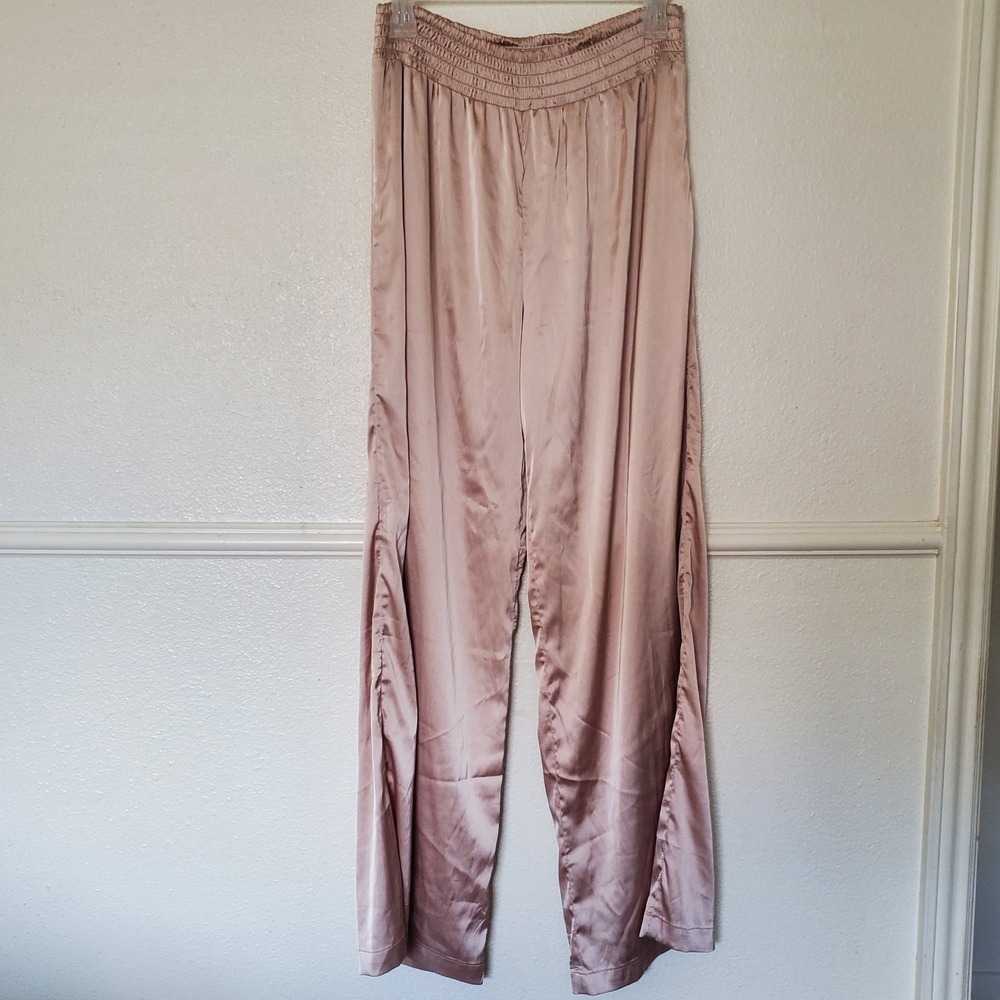 Lilyful Champagne Satin Wide Leg Pants Smocked Waist IST3526 Womens Medium